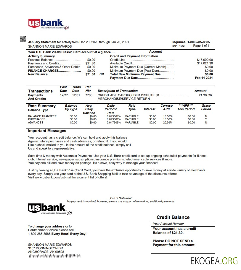 Modèle de relevé de carte de crédit bancaire américain au format Word et PDF